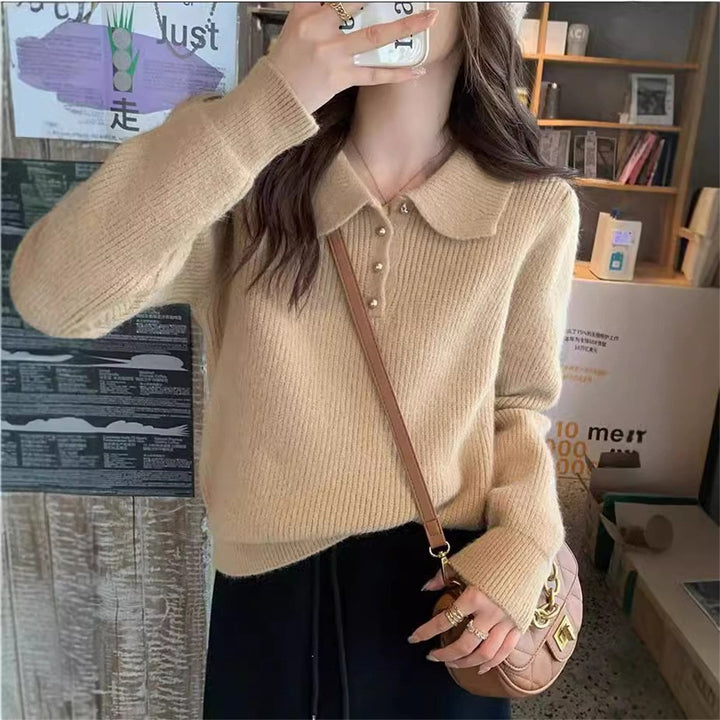 Pull élégant à col polo pour femmes en drap tricot doux