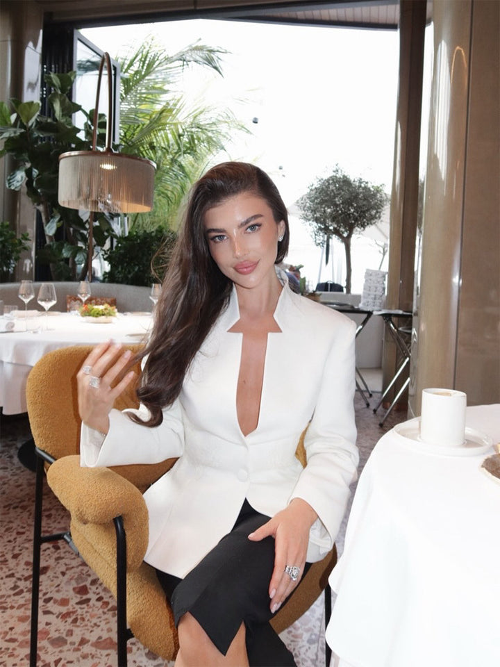 Women's Tailored Blazer with Distinctive V-Neck and Stand Collar Detail Amarae