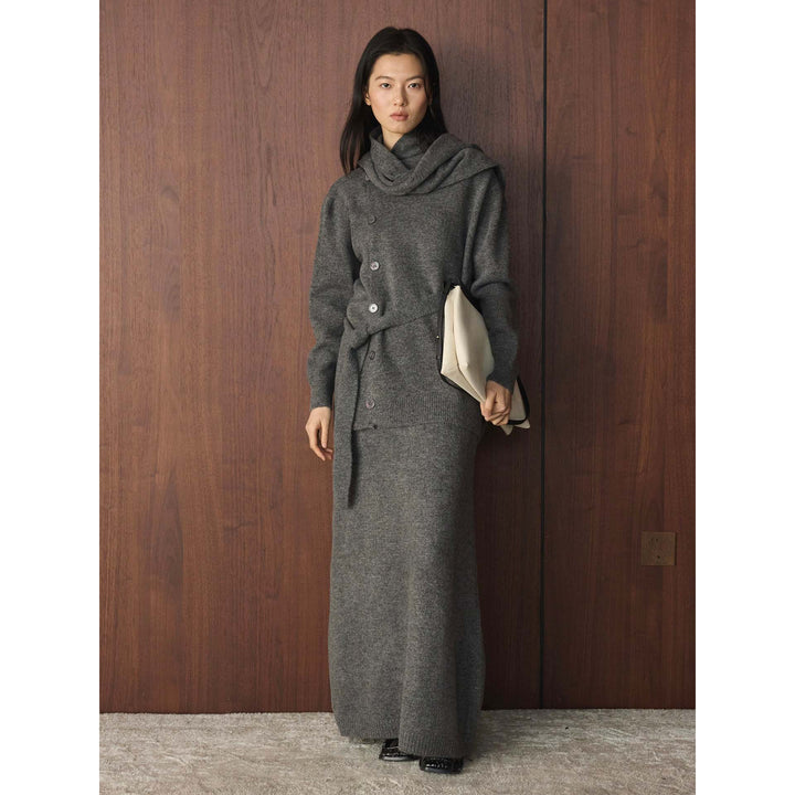 Women's Buttoned Knit Coat with Ties and Maxi Skirt Amarae