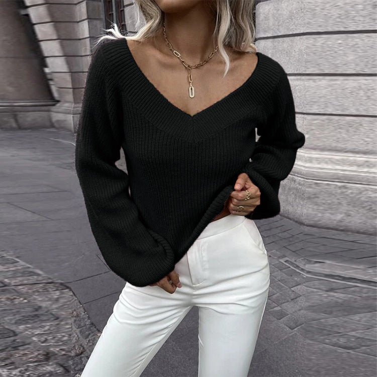 Knitted sweater for women with V-neck and wide sleeves Lune London
