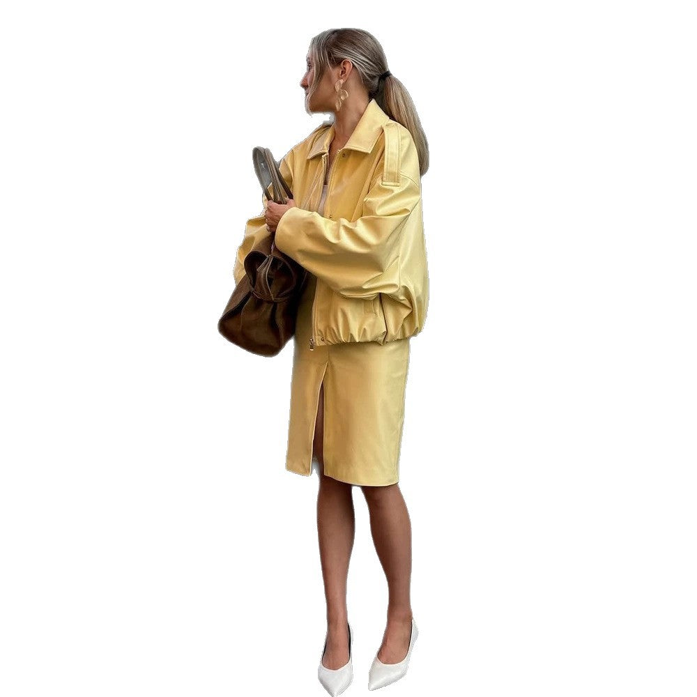 Women's Two-Piece Faux Leather Set with Cropped Bomber Jacket and Fitted Pencil Skirt Amarae
