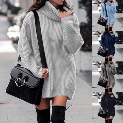 Knitted dress for women with high collar and ribbed structure Amarae