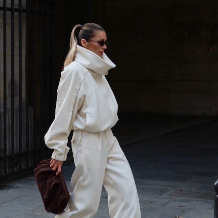 Women's Two-Piece Oversized Jacket and Pleated Pants Set with High Stand Collar Amarae