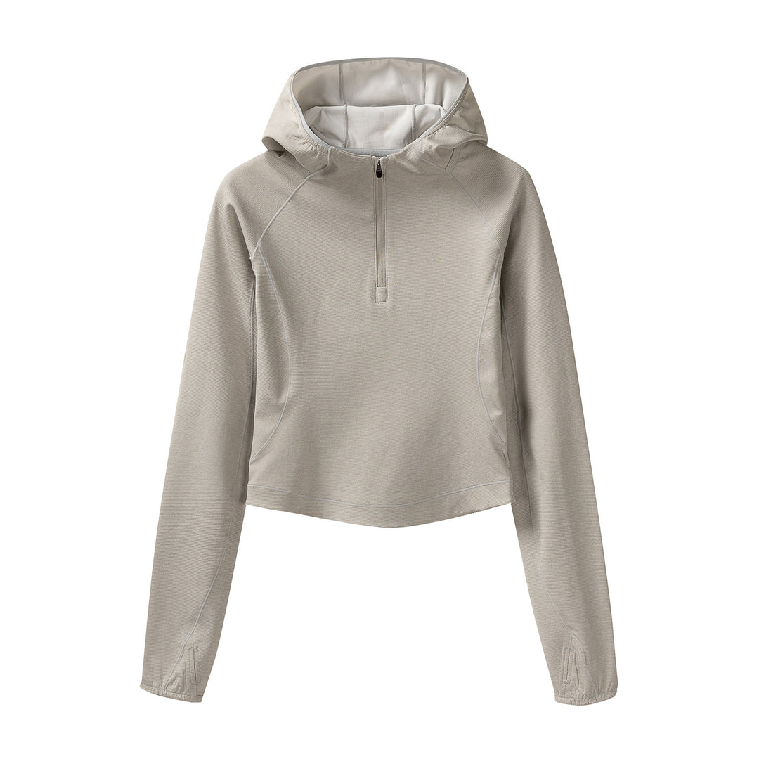 Women's Cropped Technical Hoodie with Half Zip, Hood and Thumb Holes Amarae