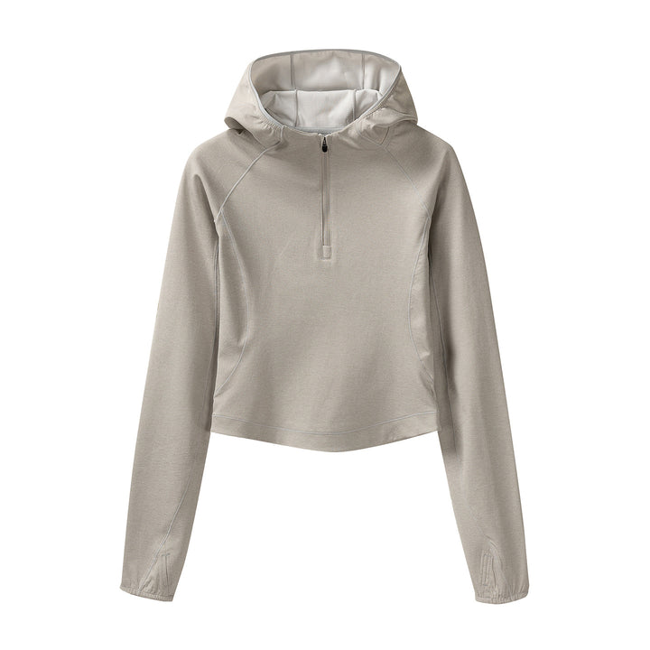 Women's Cropped Technical Hoodie with Half Zip, Hood and Thumb Holes Amarae