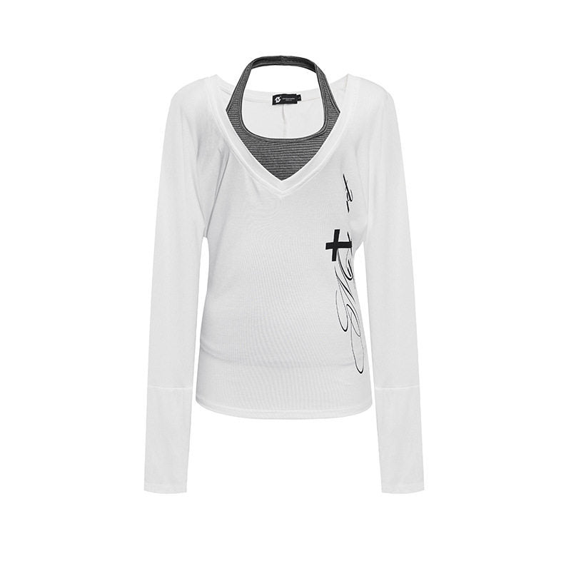 Women's layer long-sleeve shirt with deep V-neck, halter inner layer and side script print Amarae