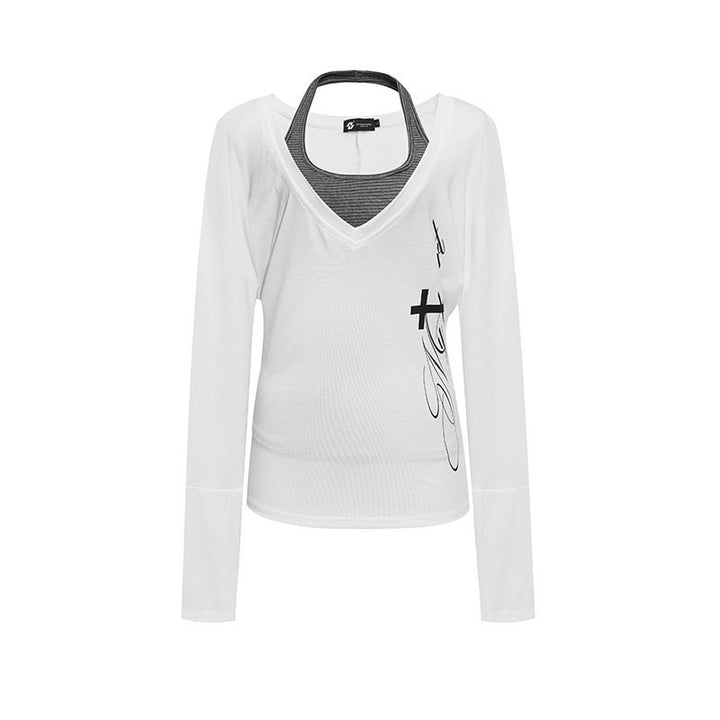 Women's layer long-sleeve shirt with deep V-neck, halter inner layer and side script print Amarae