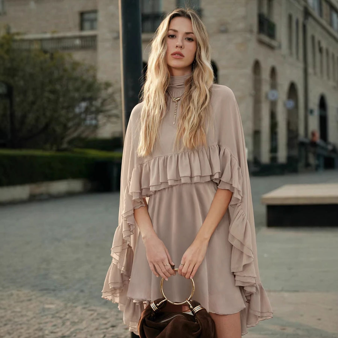 Women Elegant Ruffle Dress with High Neckline and Flowing Cut Lune London