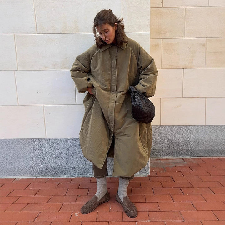 Women's oversized padded cocoon coat with concealed button placket and dropped shoulders Amarae