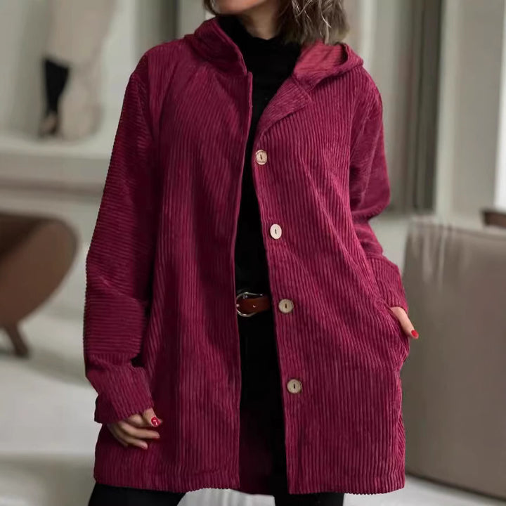 Womens wellness jacket in cord with hood and large buttons Lune London
