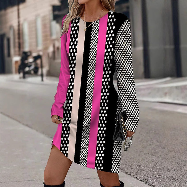 Long sleeves long dress for women with graphic striped pattern and chic dot design Style