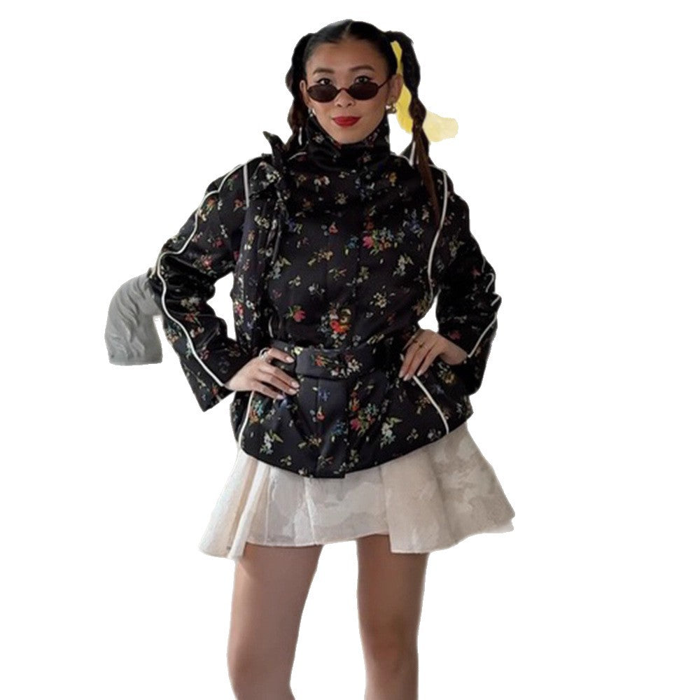 Women's short cut quilted blouson jacket with high standing collar, piping and floral all-over print Amarae