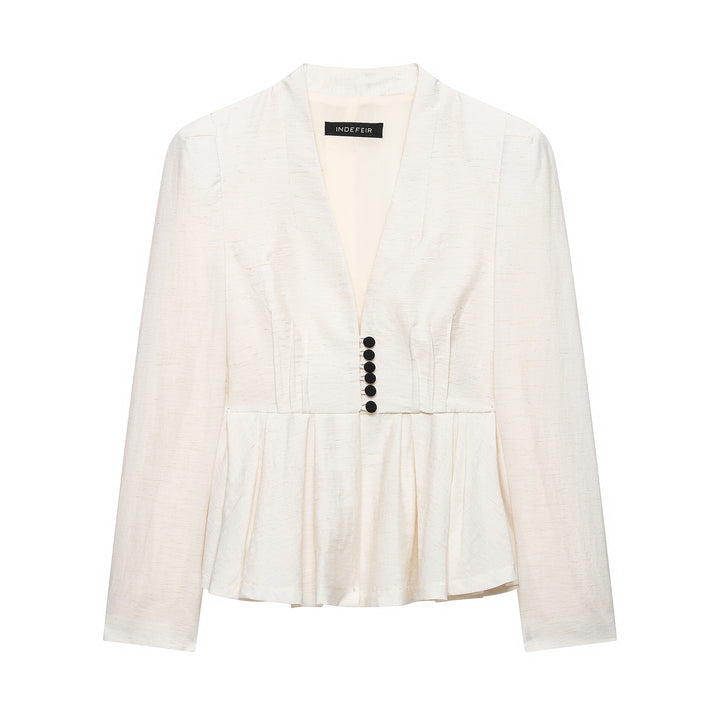 Women Tailored Blazer Jacket with Deep V-Neck, Pleated Peplum and Decorative Button Placket Amarae