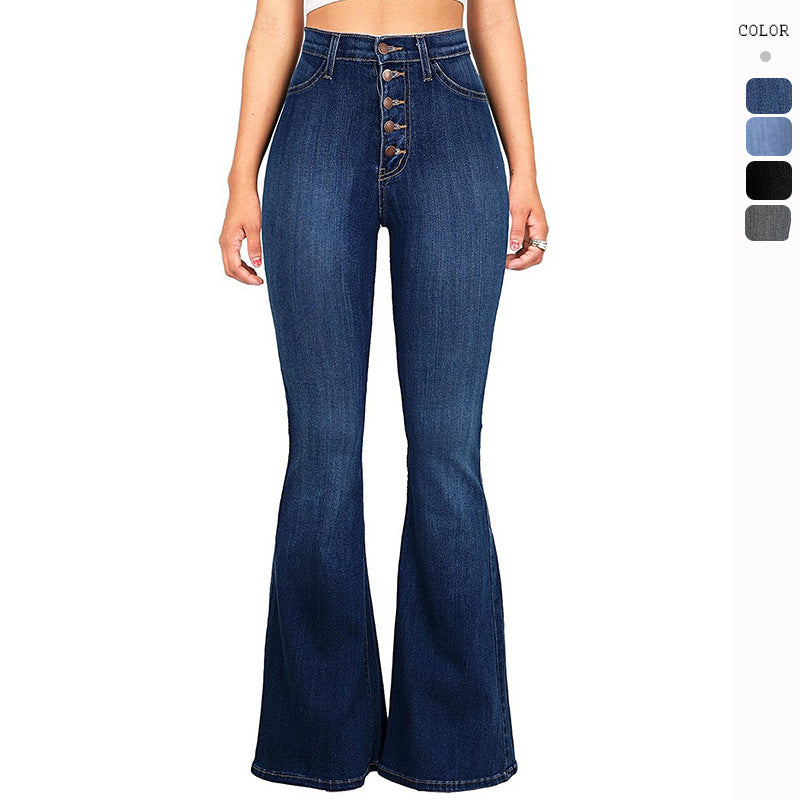 Women High-Waist Flared Jeans with decorative button details and elastic waistband Lune London