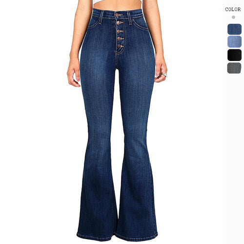 Women High-Waist Flared Jeans with decorative button details and elastic waistband Amarae