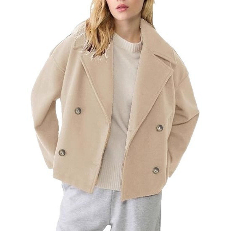 Women's Short Double-Breasted Wool Blend Peacoat with Oversized Lapels Amarae
