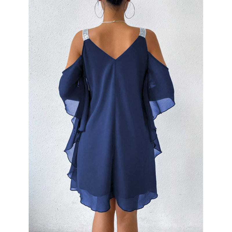 Fluid dress for women with off-the-shoulder design and ruffled hem Lune London