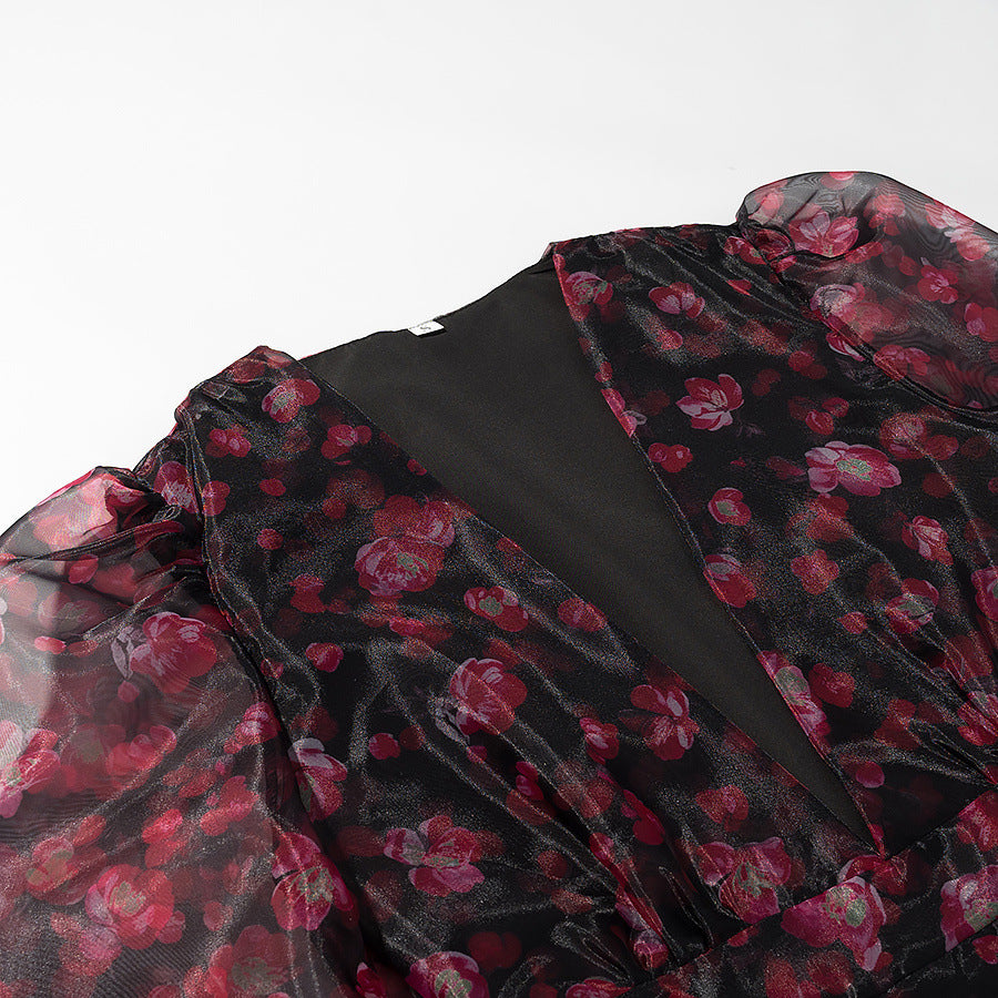 Women Chiffon Mini Dress with Deep V-Neck, Trumpet Sleeves and Ruffle Hem