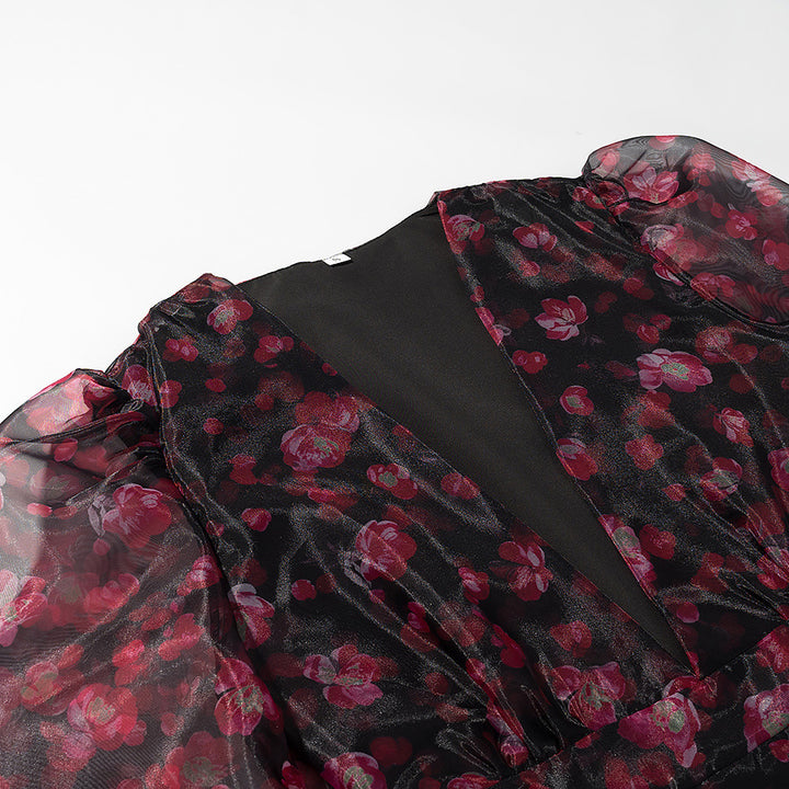 Women Chiffon Mini Dress with Deep V-Neck, Trumpet Sleeves and Ruffle Hem