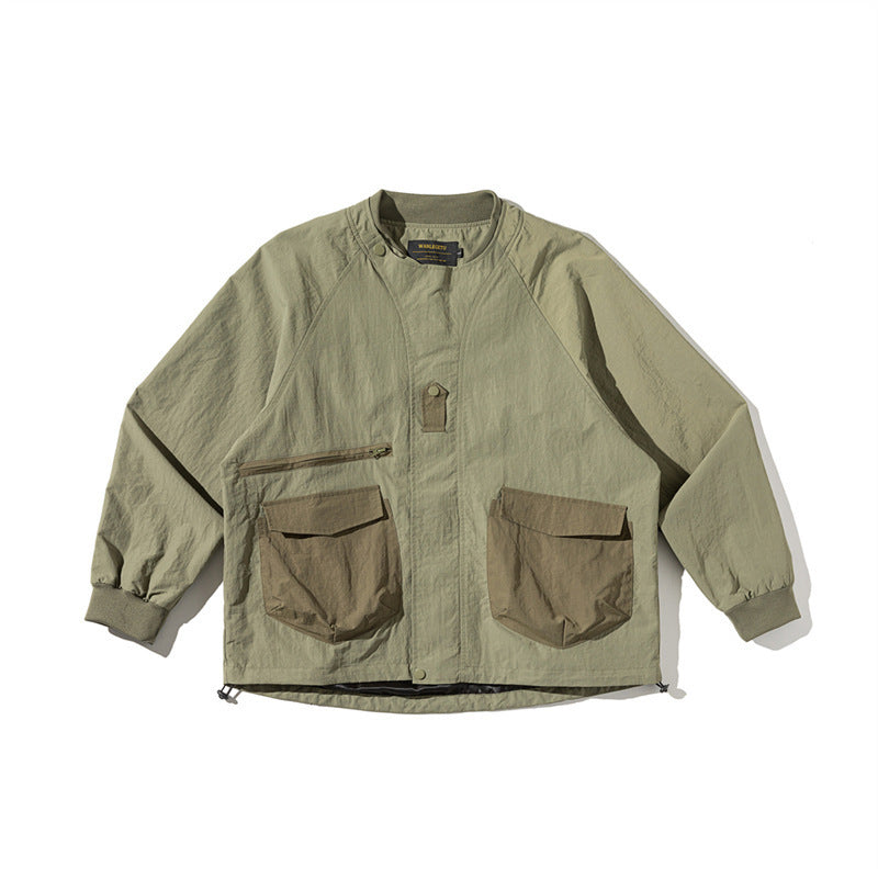 Unisex Lightweight Boxy Field Jacket without Collar with Raglan Sleeves, Patch Flap Pockets and Drawstring Amarae