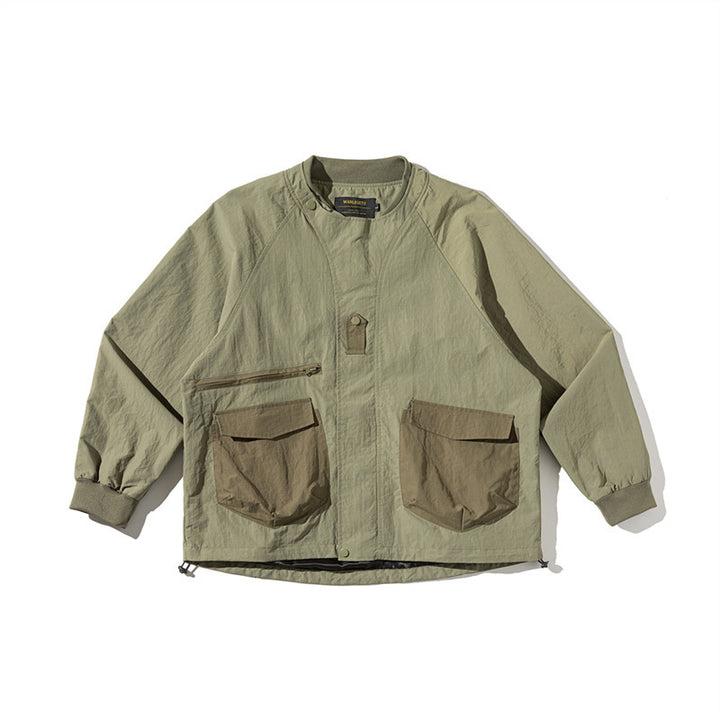 Unisex Lightweight Boxy Field Jacket without Collar with Raglan Sleeves, Patch Flap Pockets and Drawstring Amarae