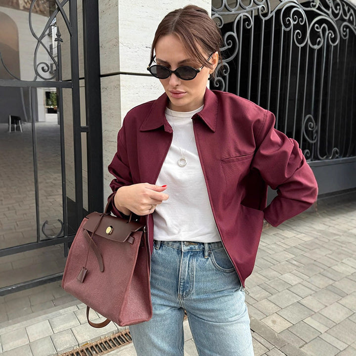 Women's lightweight twill transition jacket with shirt collar, concealed zipper, and boxy silhouette Amarae