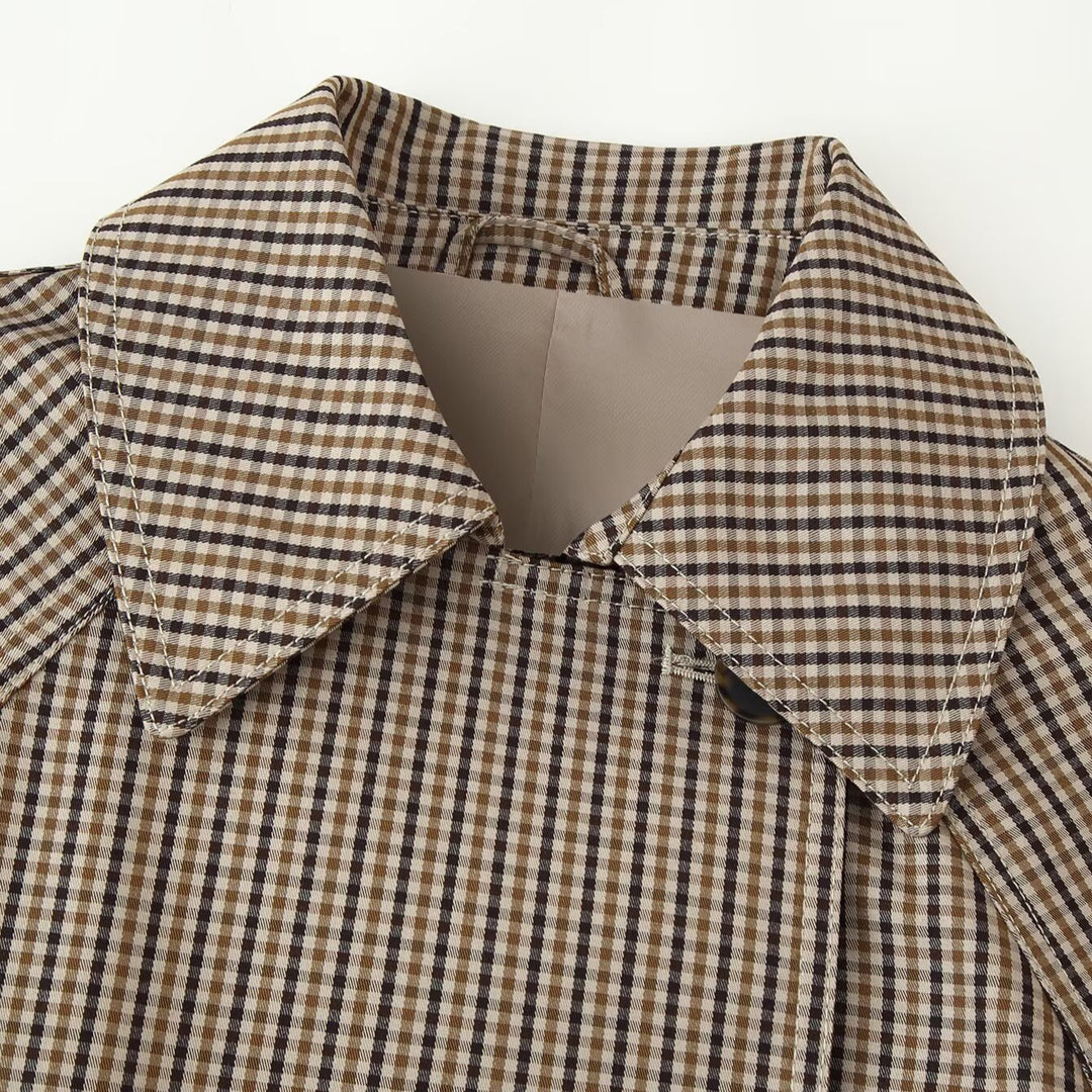 Women Cropped Double-Breasted Check Trench Coat with Waist Tie Belt and Flared Cuffs Amarae