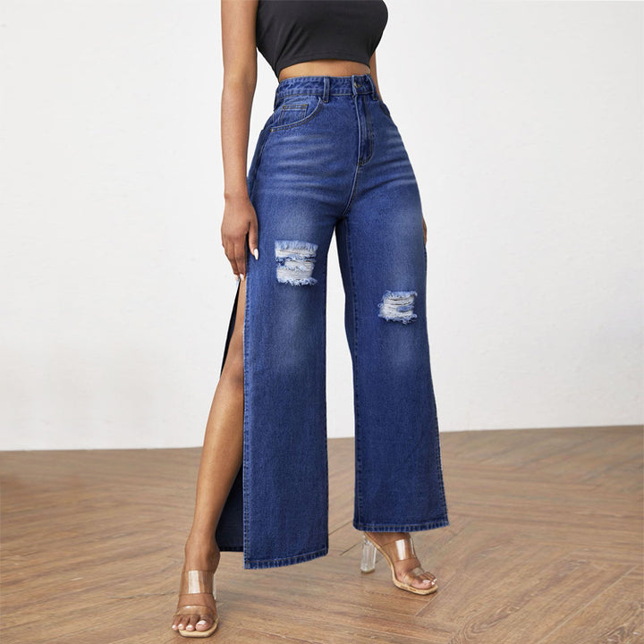Women's high-cut jeans with wide leg, knee rips, and side leg slits Amarae