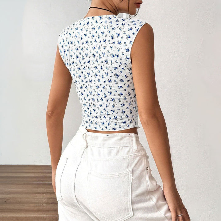 T-shirt court à la mode pour femmes avec motif floral et détails froncés Chic & Stil