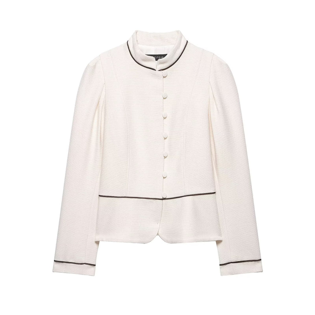 Ladies short blazer in bouclé look with stand-up collar, decorative piping and covered buttons Amarae