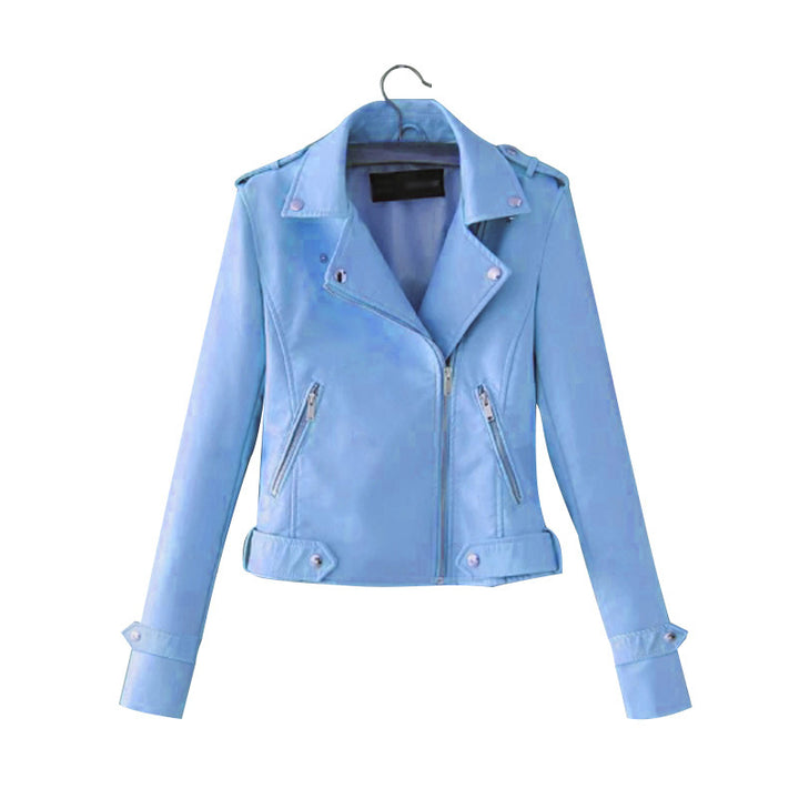 Women's faux leather motorcycle jacket with asymmetrical zipper and decorative studs Lune Londonl