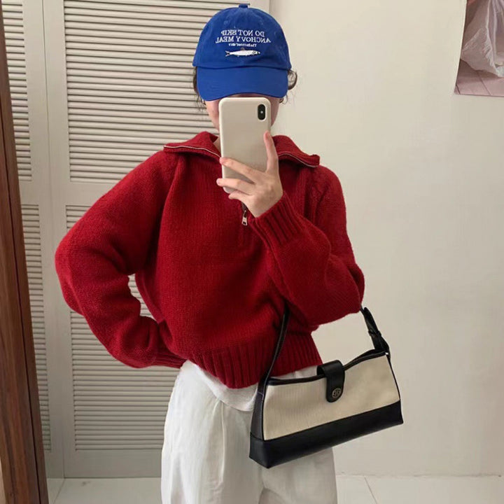 Pull en tricot confortable pour femmes avec col montant et fermeture éclair