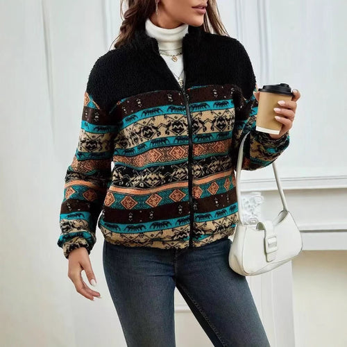 Fleece jacket for women with folk pattern and high collar Chic und Stil