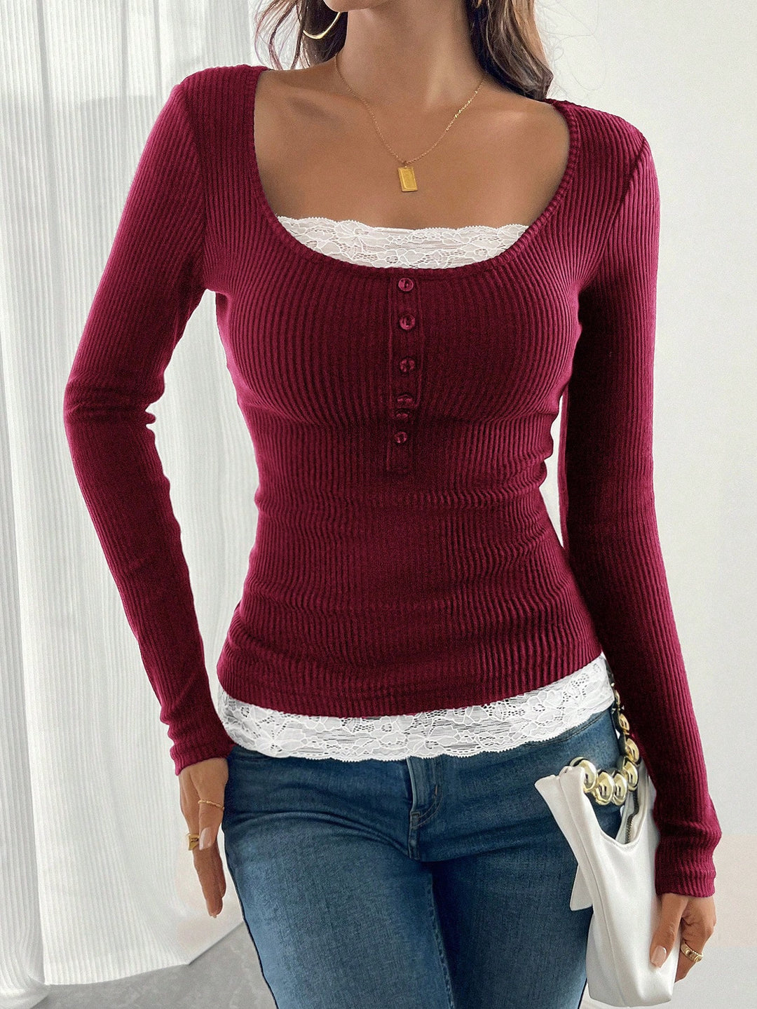 Women’s ribbed top with deep scoop neckline, decorative button placket and lace insert Amarae