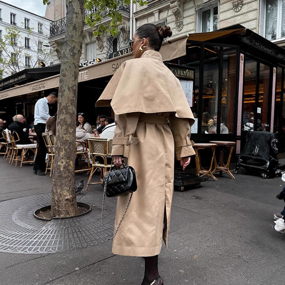 Women Long Trench Coat with Capelet, Waist Belt and Storm Collar Amarae
