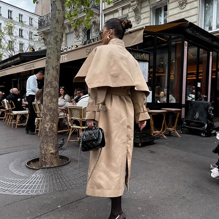 Women Long Trench Coat with Capelet, Waist Belt and Storm Collar Amarae