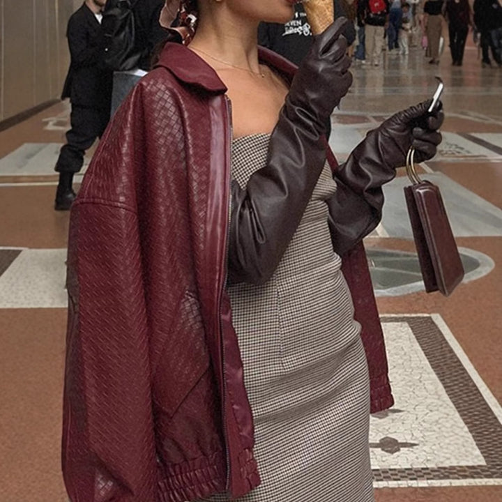 Synthetic leather jacket for women with a textured design and a relaxed fit Lune London