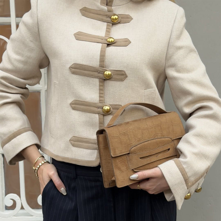 Women's Short Military-Inspired Jacket with Stand-Up Collar and Decorative Button Placket Amarae