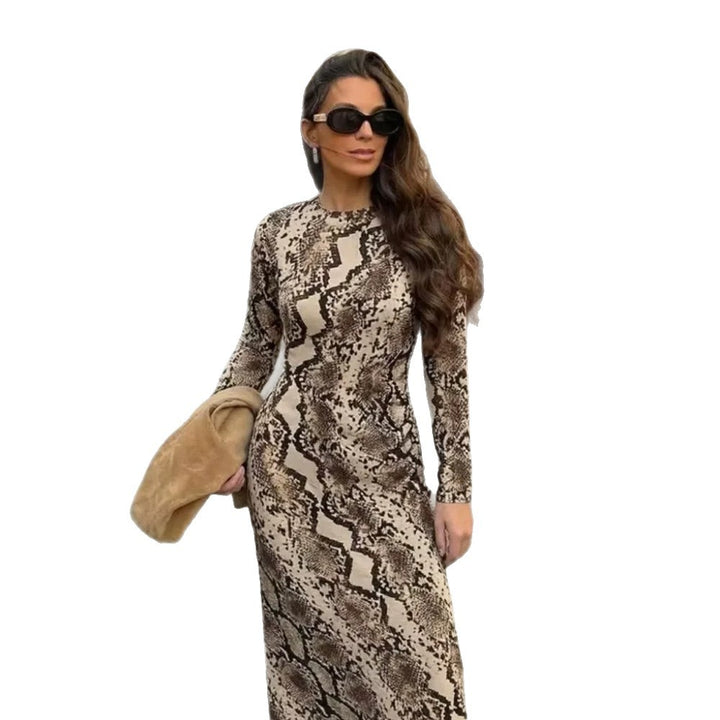 Women's Figure-Hugging Midi Dress with Snake Print, Tailored Draping and Long Sleeve Cut Amarae