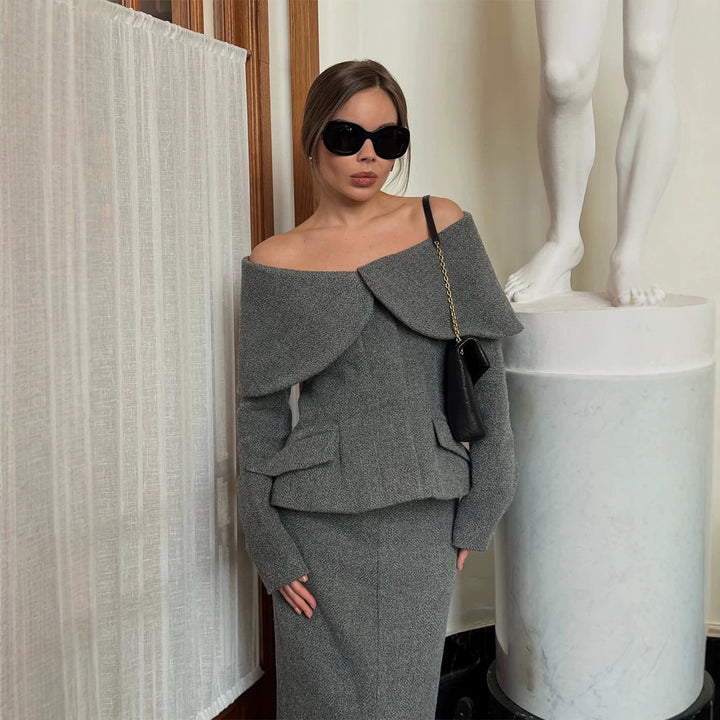Women Elegant Boucle Set with Off-Shoulder Jacket and Fitted Pencil Skirt Amarae
