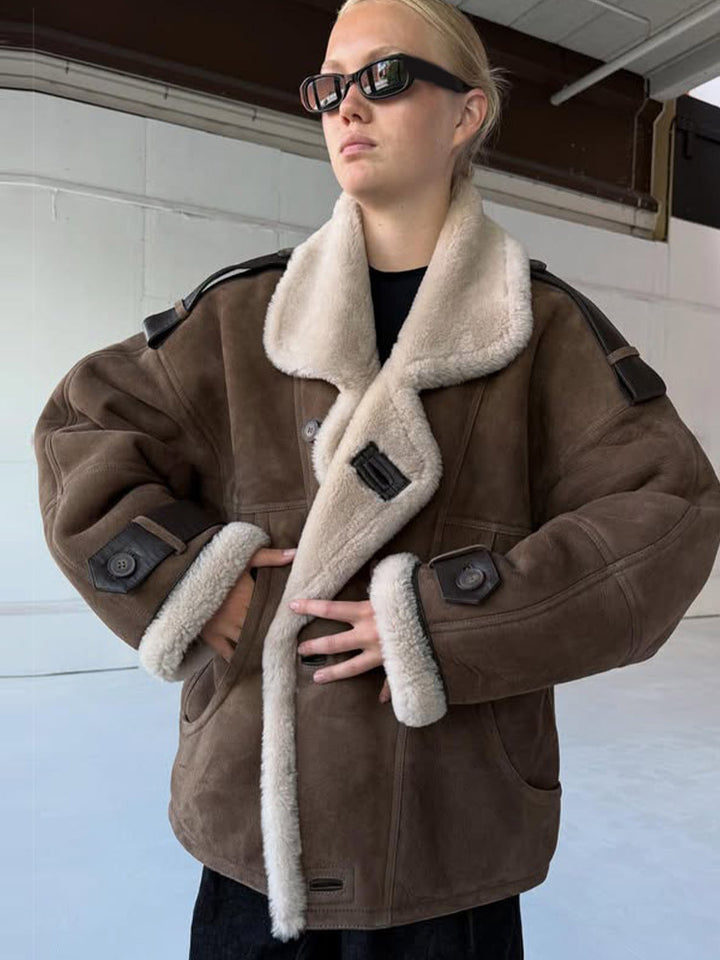 Women Oversize Shearling-Faux Flight Jacket with Contrasting Trim & Buckle Details Amarae