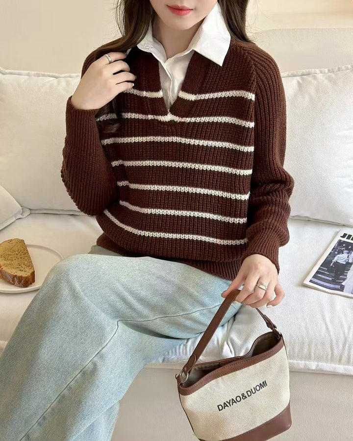 Knit sweater for women with V-neck and striped design Lune London