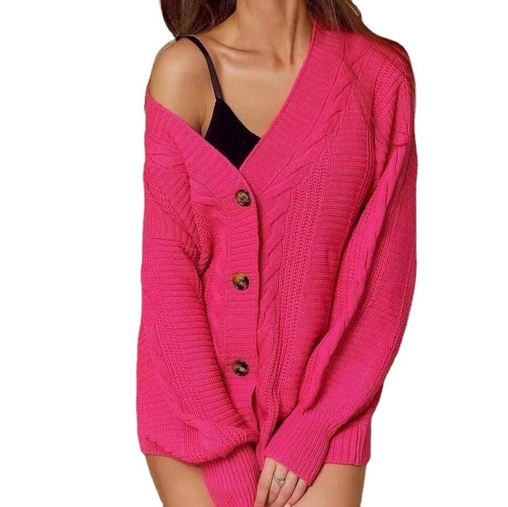 Women's chunky knit cardigan with voluminous sleeves and a decorative button placket Lune London