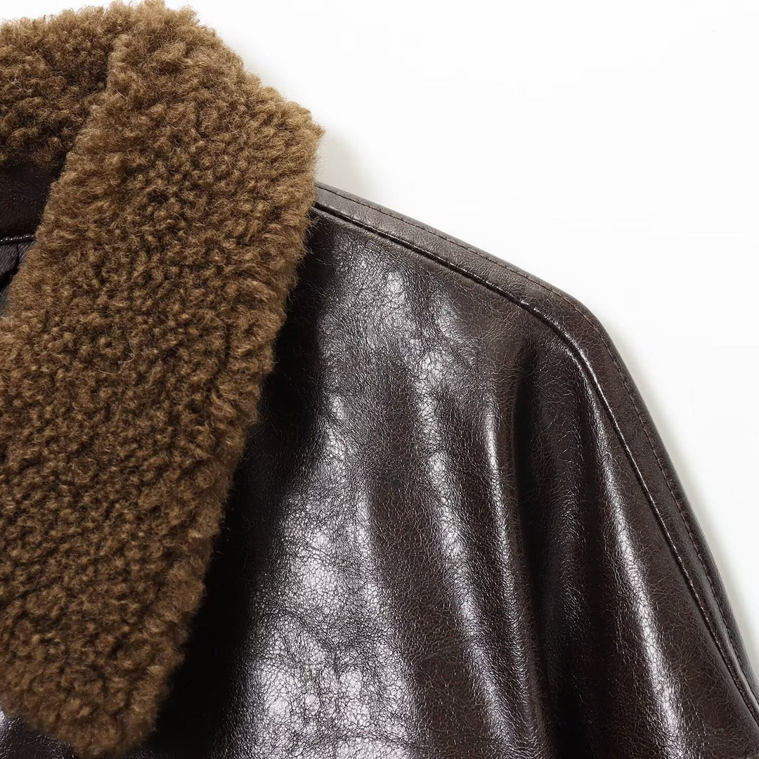 Women's Oversized Faux Leather Jacket with Teddy Collar and Waist Belt Amarae