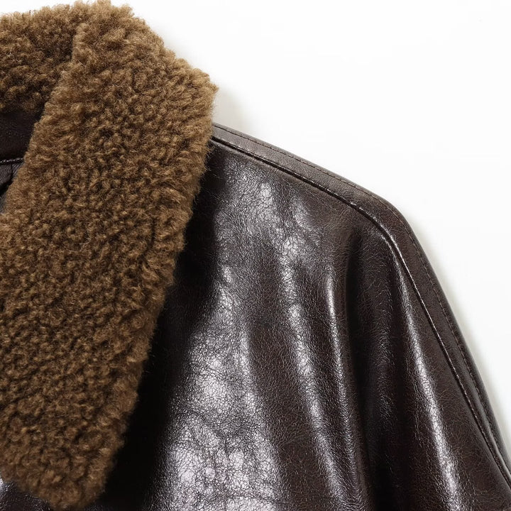 Women's Oversized Faux Leather Jacket with Teddy Collar and Waist Belt Amarae