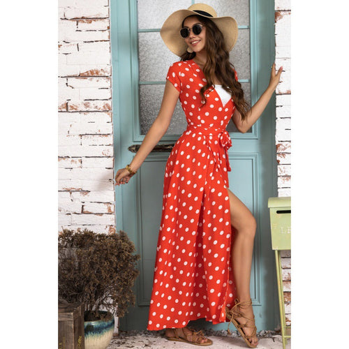Polka dot wrap maxi dress for women with tied waist Amarae