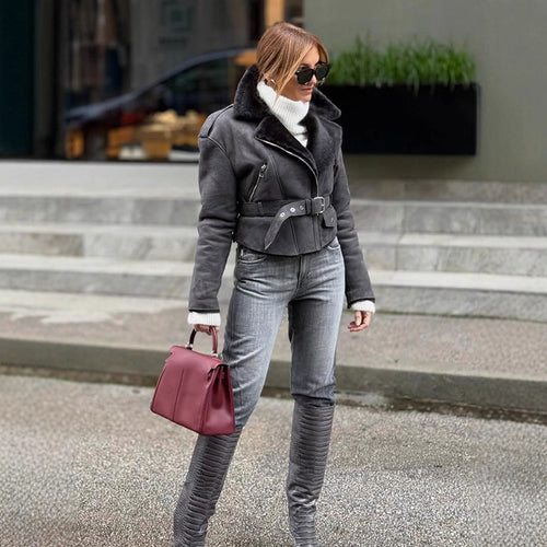 Women's short jacket in biker style made of faux suede with teddy lining and belted waist Amarae