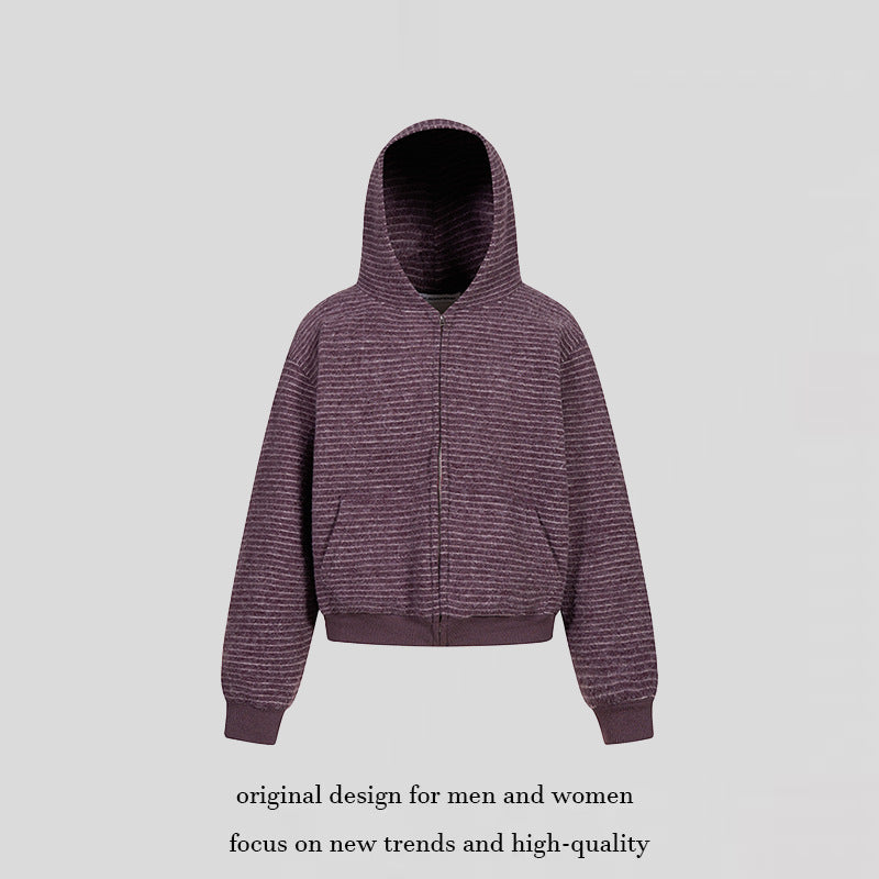 Women's short-cut hooded zip jacket with horizontal stripe relief and elastic waistband Amarae