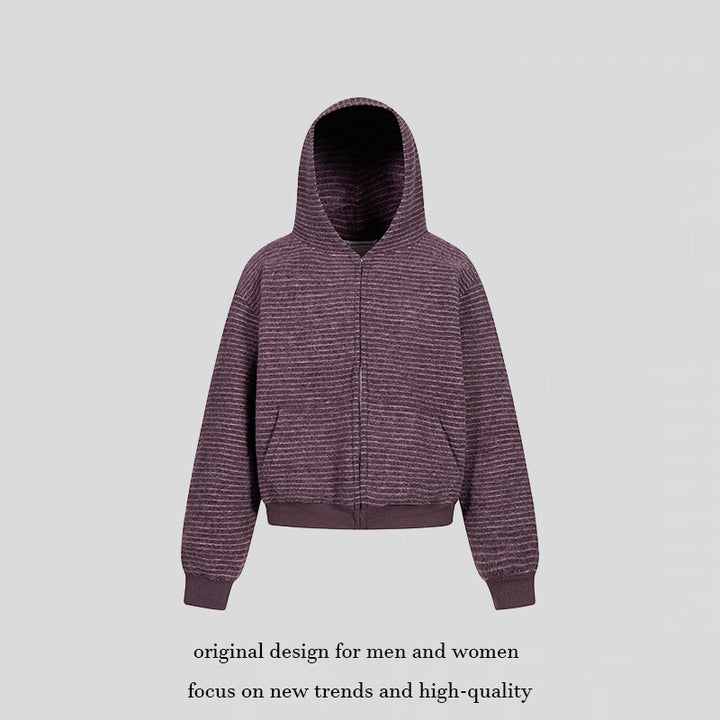 Women's short-cut hooded zip jacket with horizontal stripe relief and elastic waistband Amarae