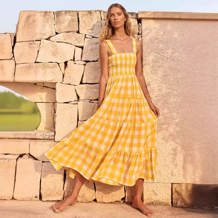 Ladies Summer Maxi Dress with Checked Design and Straps Lune London